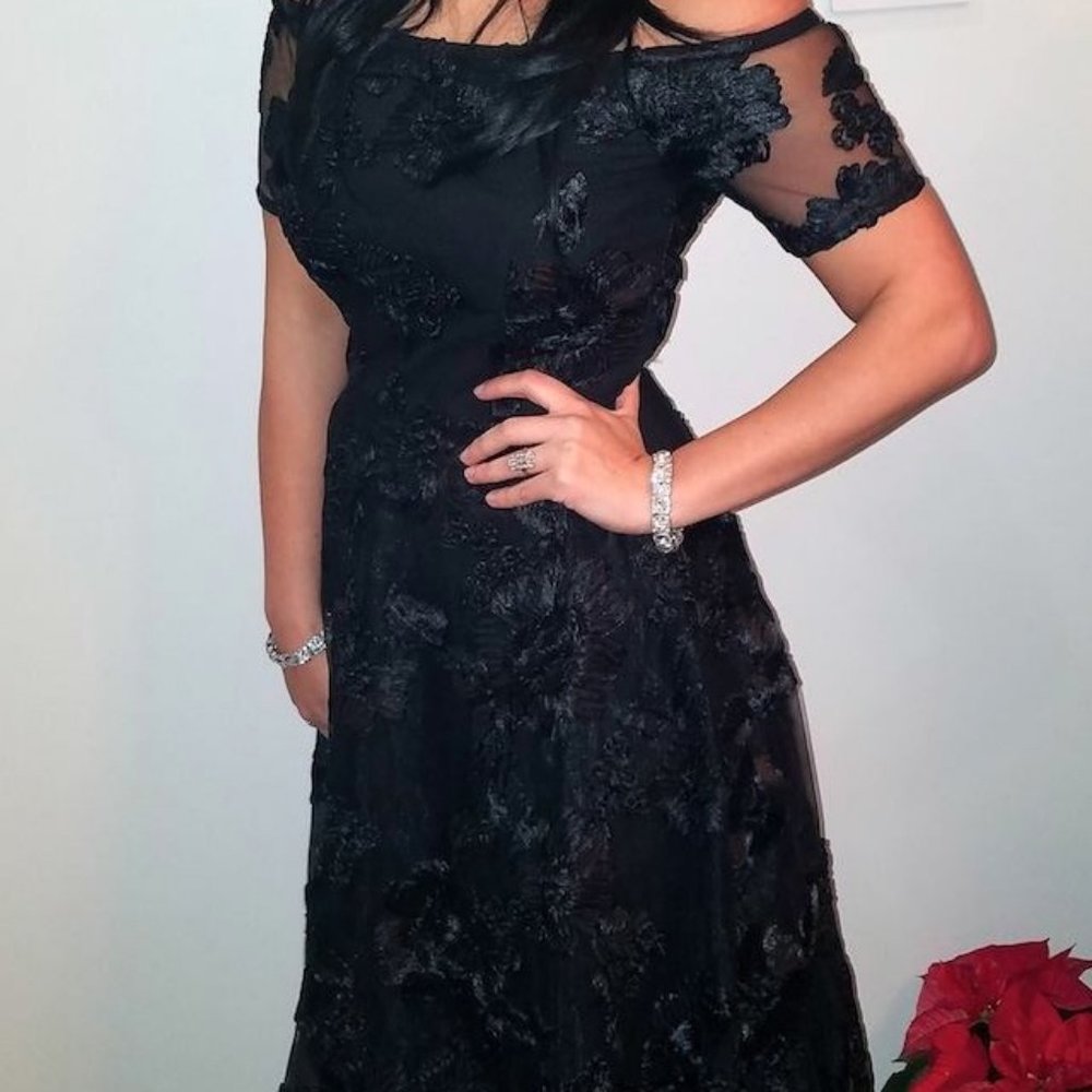 Tahari Black Lace, Off-the-Shoulder Tea-Length Dress - Picture 3 of 8